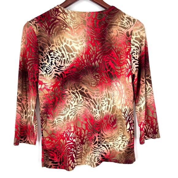 JM Collection Small Petite SP Stretchy Red Animal Print 3/4 Sleeve Shirt Top - Picture 9 of 9